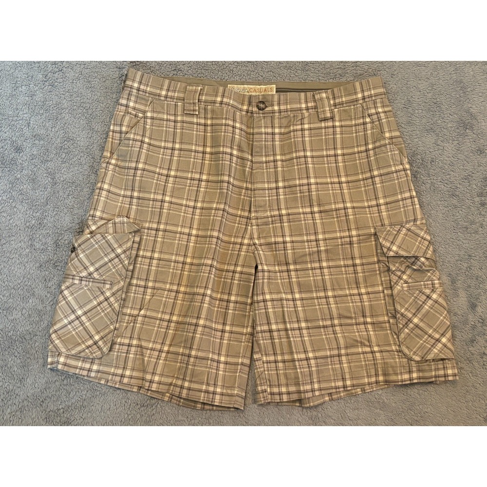 Cabela's Shorts Mens 38 Tan Check Plaid Cargo Cotton Flat Front Regular Fit